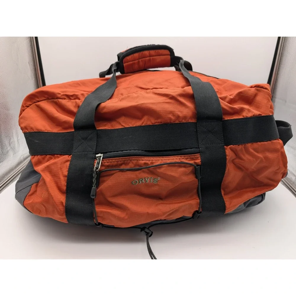 Orvis Ripstop Nylon Duffel Bag Orange Grey Travel Gym Weekend Luggage